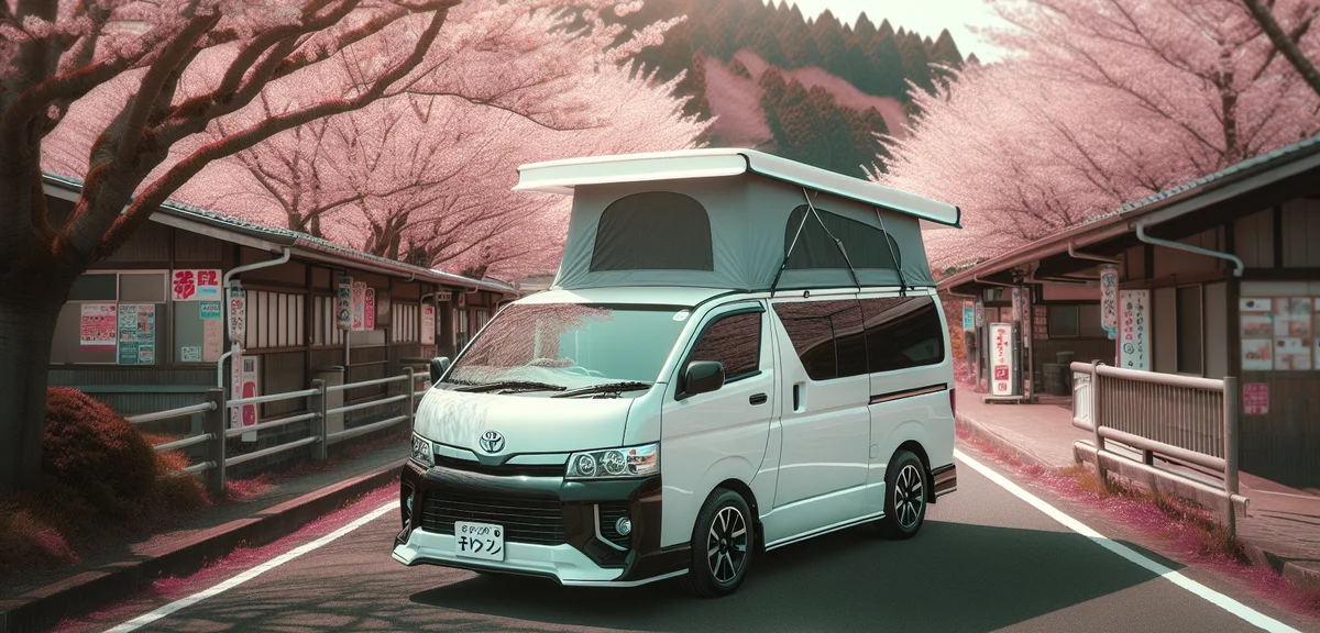 A compact Toyota TownAce camper van with pop-up roof extended, parked at a Japanese roadside station