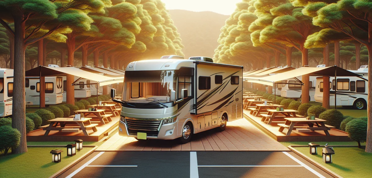 A large Toyota Coaster based motorhome parked at a spacious Japanese campground with awning extended