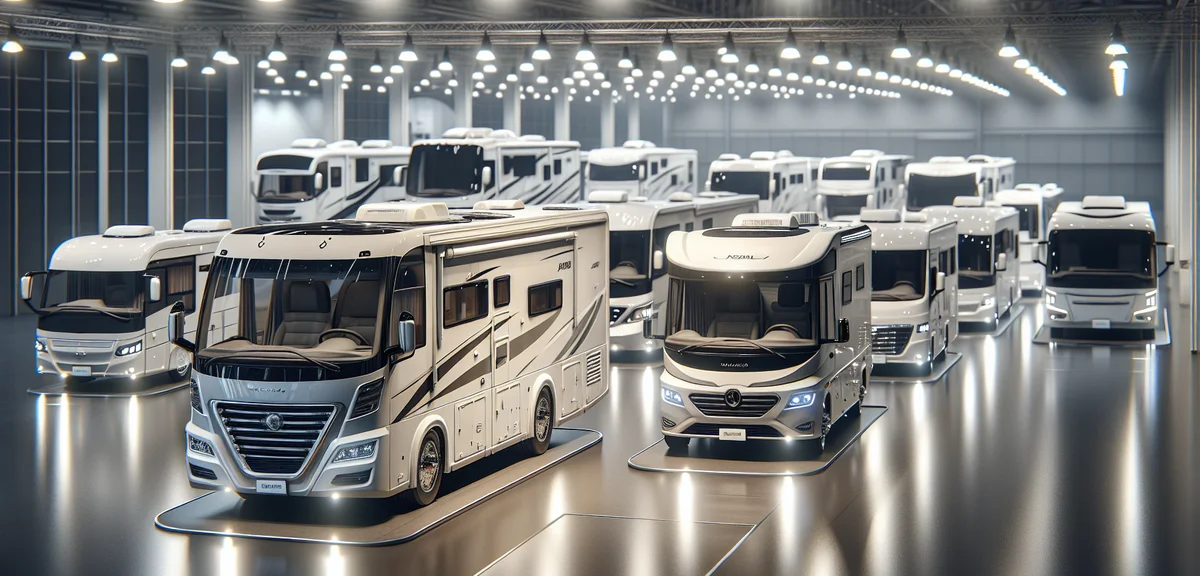 Multiple European motorhomes from different brands displayed at a large indoor camping car exhibitio