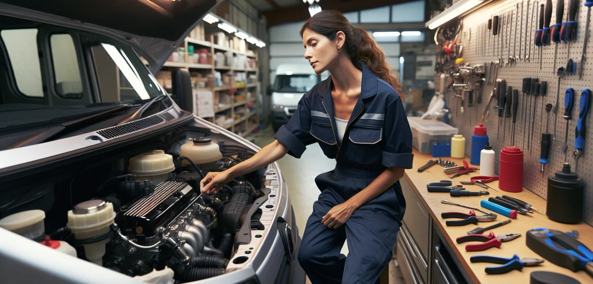 A mechanic inspecting the engine of a European Fiat Ducato based motorhome inside a Japanese service