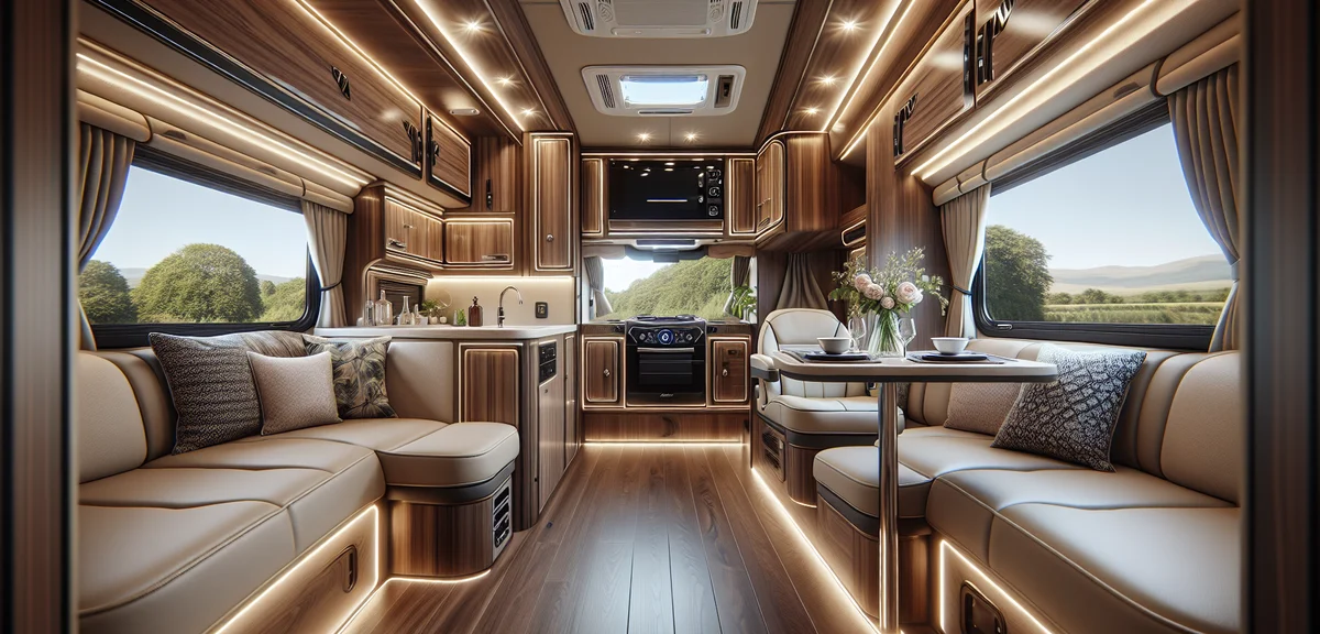 A European luxury motorhome interior showing elegant wood cabinets, LED ambient lighting, a comforta