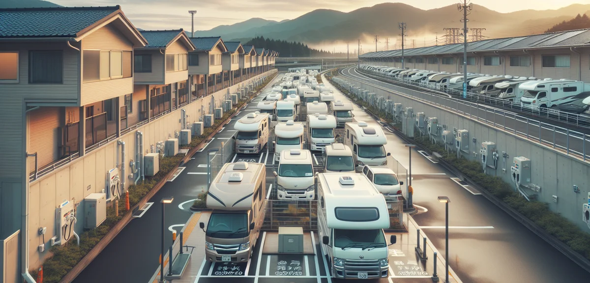A realistic photo of a Japanese RV park with multiple campervans parked in organized spaces, electri