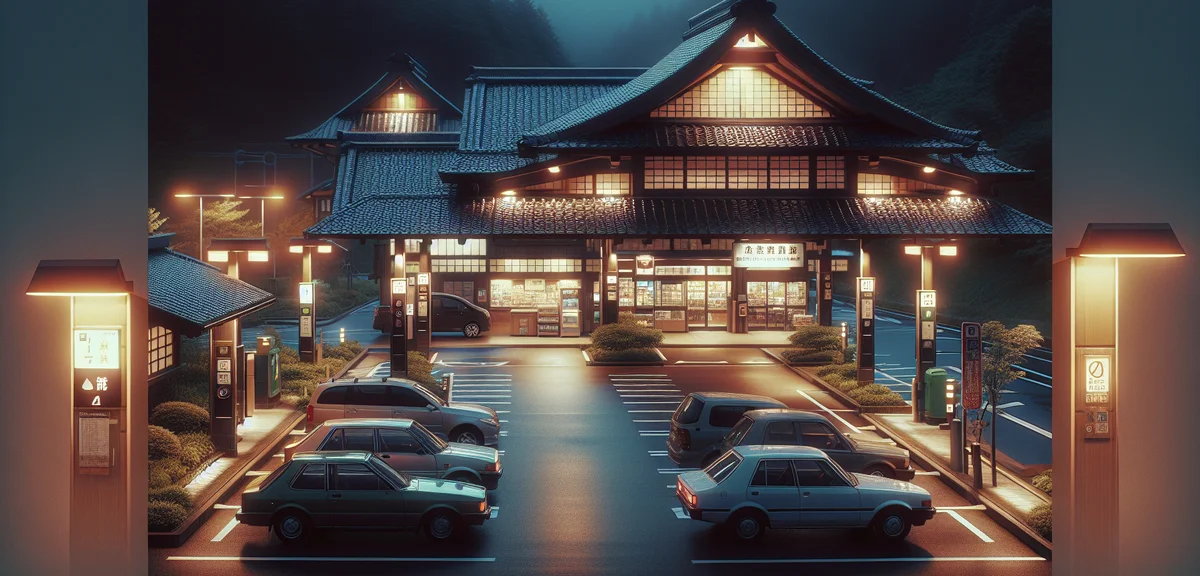 A realistic photo of a Japanese michi-no-eki (roadside station) parking lot at night with a few vehi