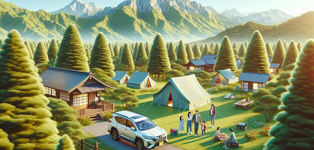 A realistic aerial photo of a Japanese autocamp site with a campingcar parked next to a tent, surrou