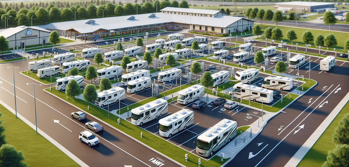 An aerial view of a well-equipped RV park with several campervans parked in designated spots, electr