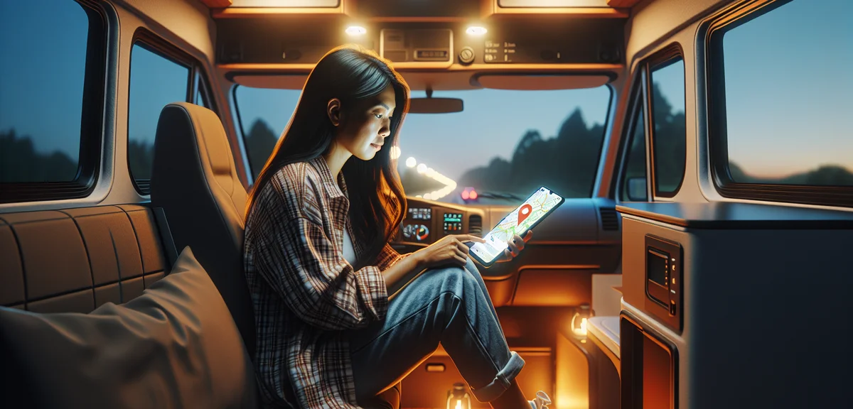 A person sitting inside a campervan checking a smartphone map app to find overnight parking spots, i