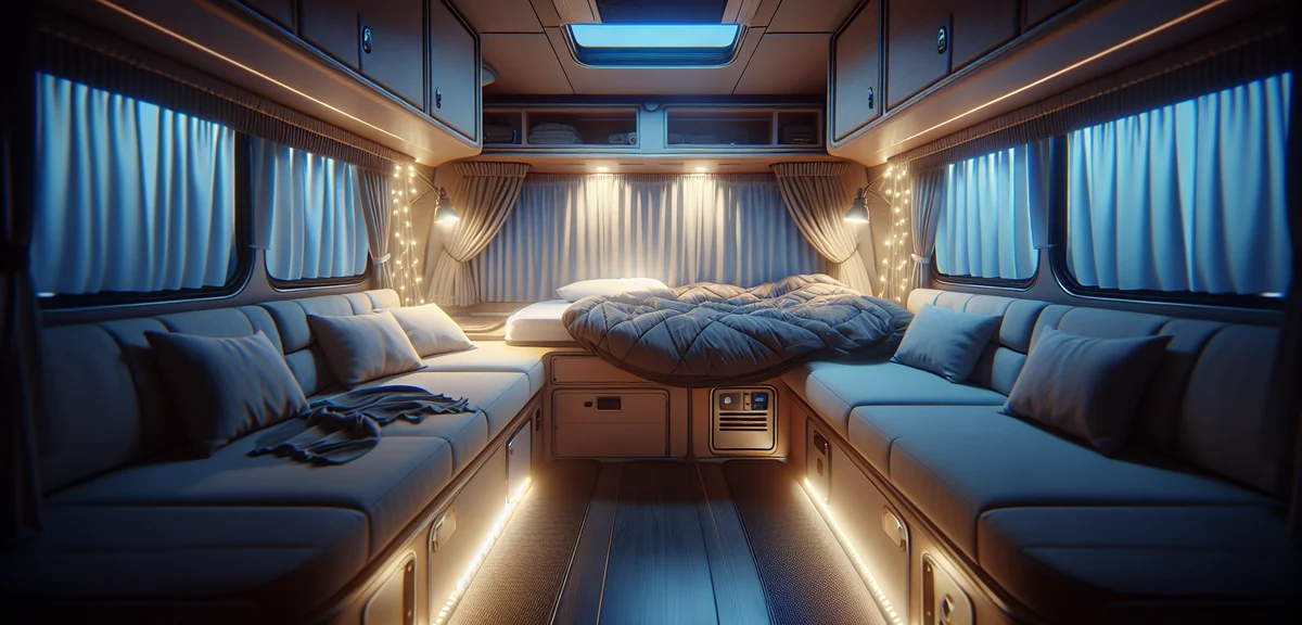 A well-organized campingcar interior at night with comfortable bedding setup, LED lights on, curtain