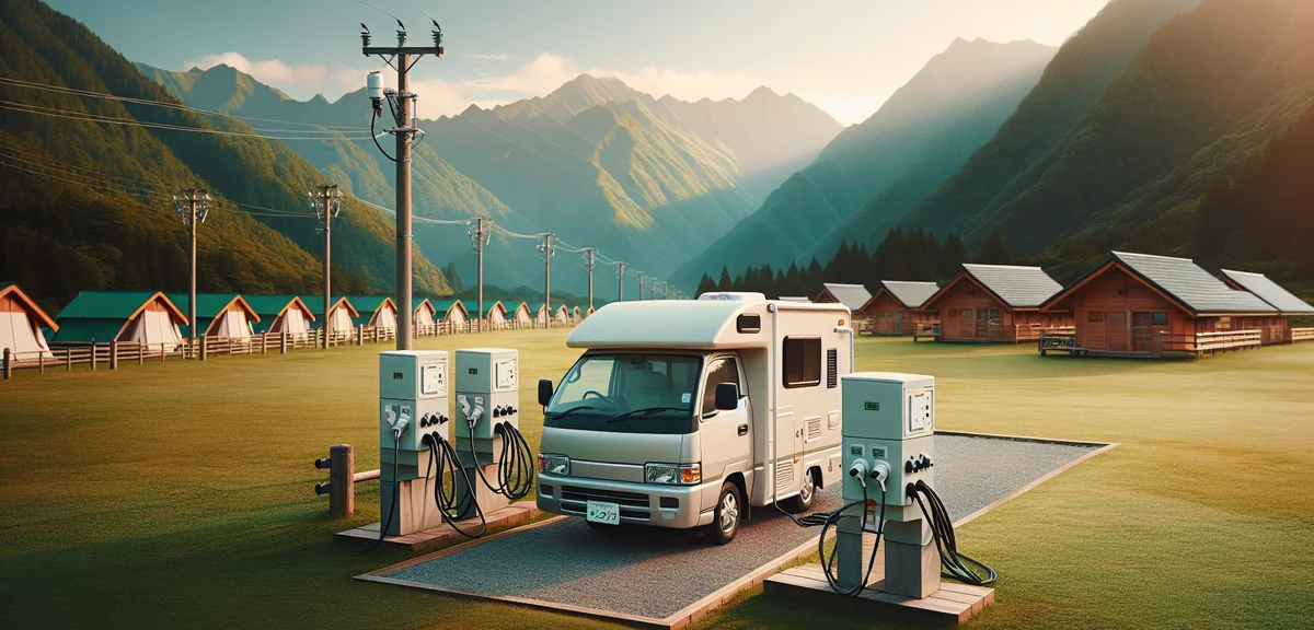 A spacious auto campsite with electrical hookup posts visible, a Japanese campervan connected to sho