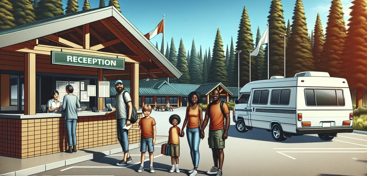 A family checking in at a campground reception building, a white Japanese campervan visible in the p
