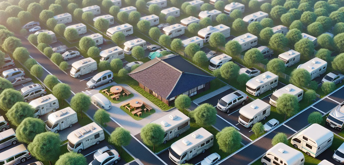 An aerial view of a well-maintained Japanese auto campground with several camper vans parked in desi