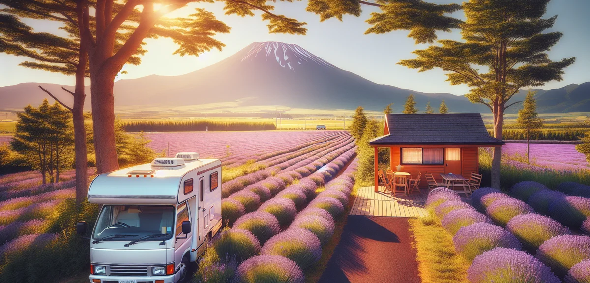 A photorealistic scene of a campervan parked at a scenic Hokkaido rest area with lavender fields in