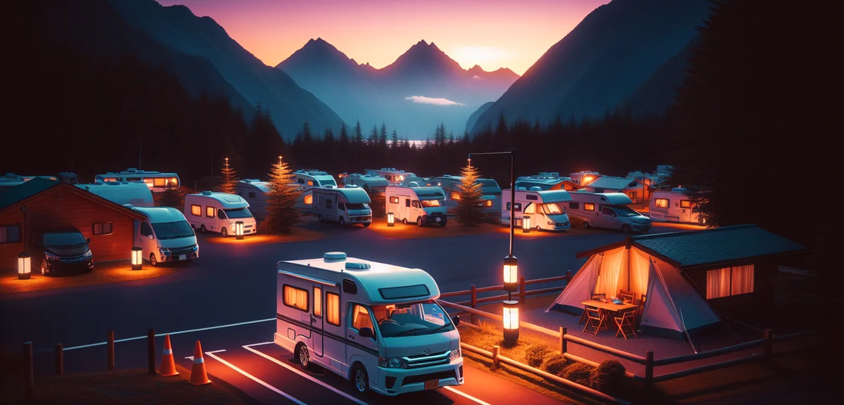 A photorealistic evening scene of a campervan parked at an RV park in Hokkaido with mountain scenery