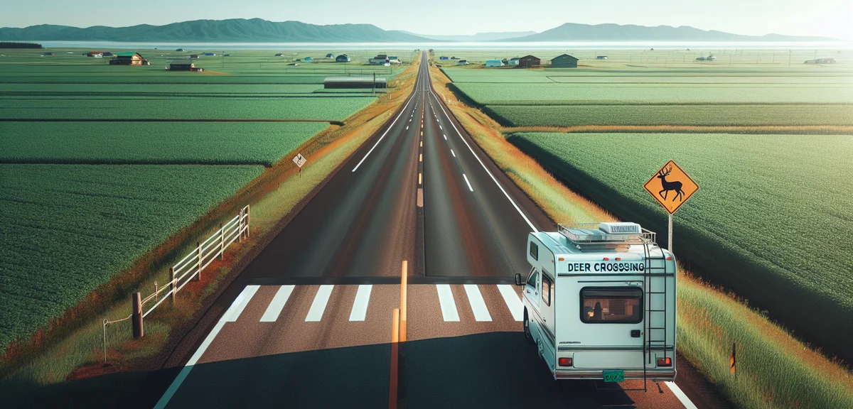 A photorealistic wide-angle view of a campervan on a straight road in rural Hokkaido with vast green