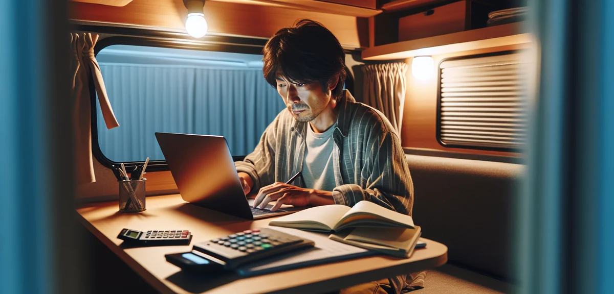 A realistic photo of a Japanese person sitting inside a campervan at a small fold-out table, using a