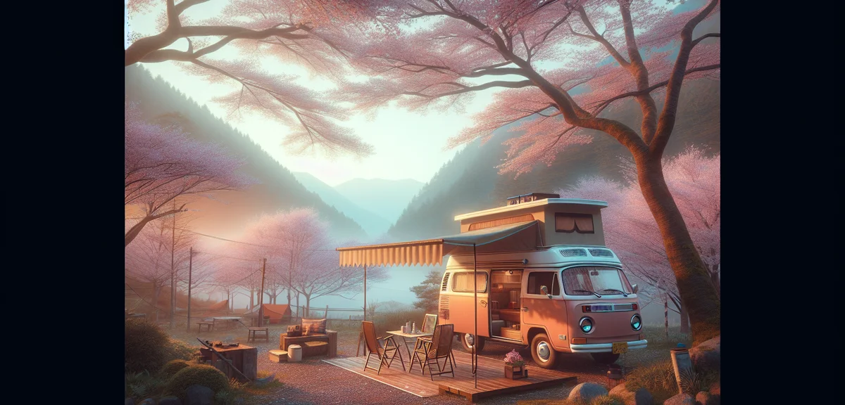 A realistic photo of a campervan parked at a peaceful Japanese mountain campsite surrounded by cherr