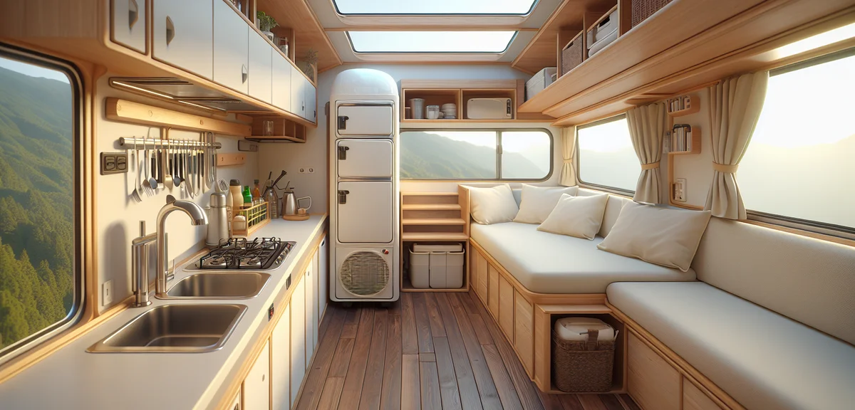 A realistic photo of the interior of a well-organized Japanese campervan showing a compact kitchen a