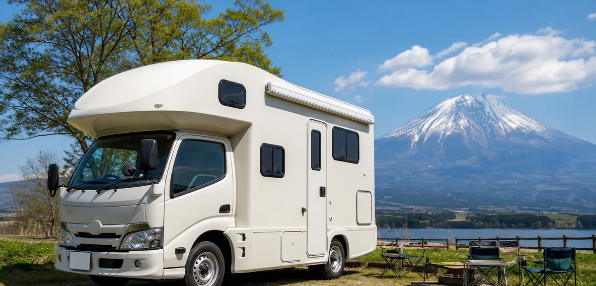 トラックをベースにした日本のキャブコンタイプのキャンピングカー、運転席上にバンクベッド、キャンプ場に停車、晴れた日、写実的、文字なし