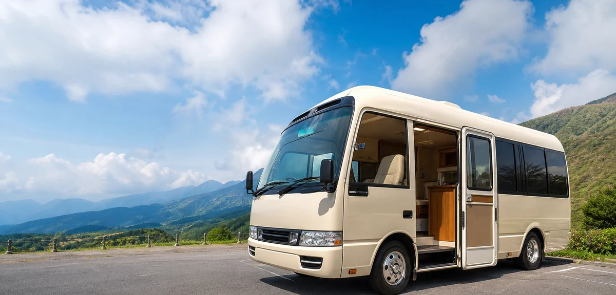 マイクロバスをベースにした大型キャンピングカー、広い車内が見える開いたドア、高原の駐車場、写実的、文字なし