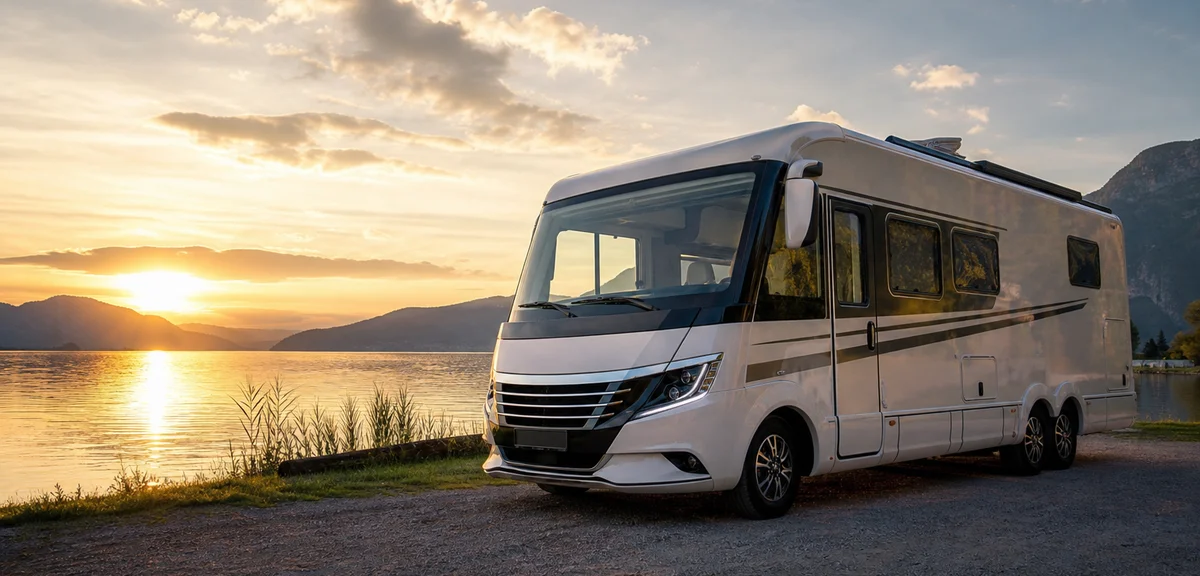欧州製の大型フルコンバージョンキャンピングカー、流線型のボディ、湖畔に停車、夕方の柔らかい光、写実的、文字なし