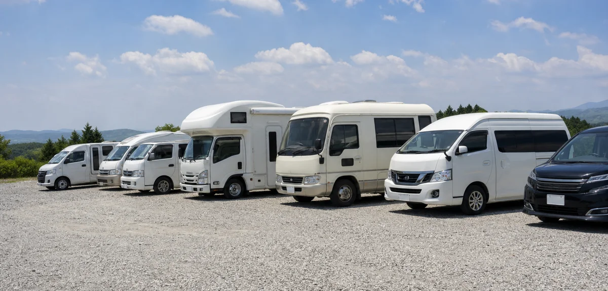 駐車場に並ぶ複数のキャンピングカーとワンボックスバン、晴れた日、写実的、文字なし