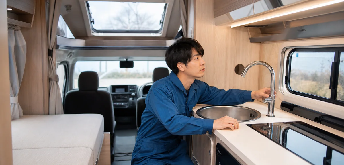 キャンピングカーの車内で就寝設備とシンクを点検する整備士、明るい車内、写実的、文字なし