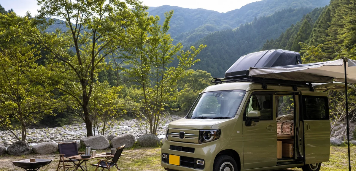 軽キャンピングカーが山あいのキャンプ場に停まっている様子、自然光、写実的、文字なし