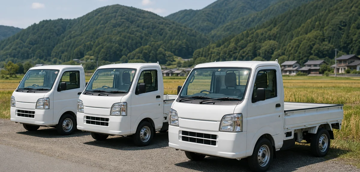 日本の軽トラック3台が並んだ様子、白いボディ、田舎の道沿い、自然光、写実的、文字なし