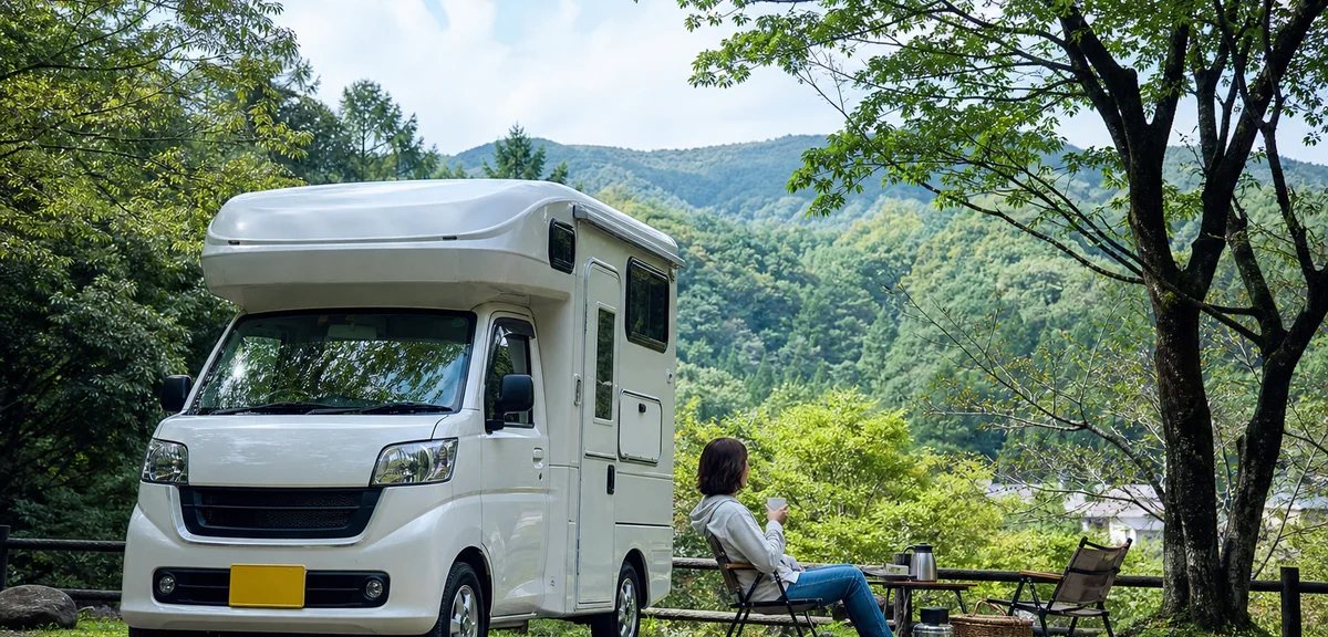 コンパクトな軽自動車ベースのキャンピングカー、オートキャンプ場に停車、自然に囲まれた風景、写実的、文字なし