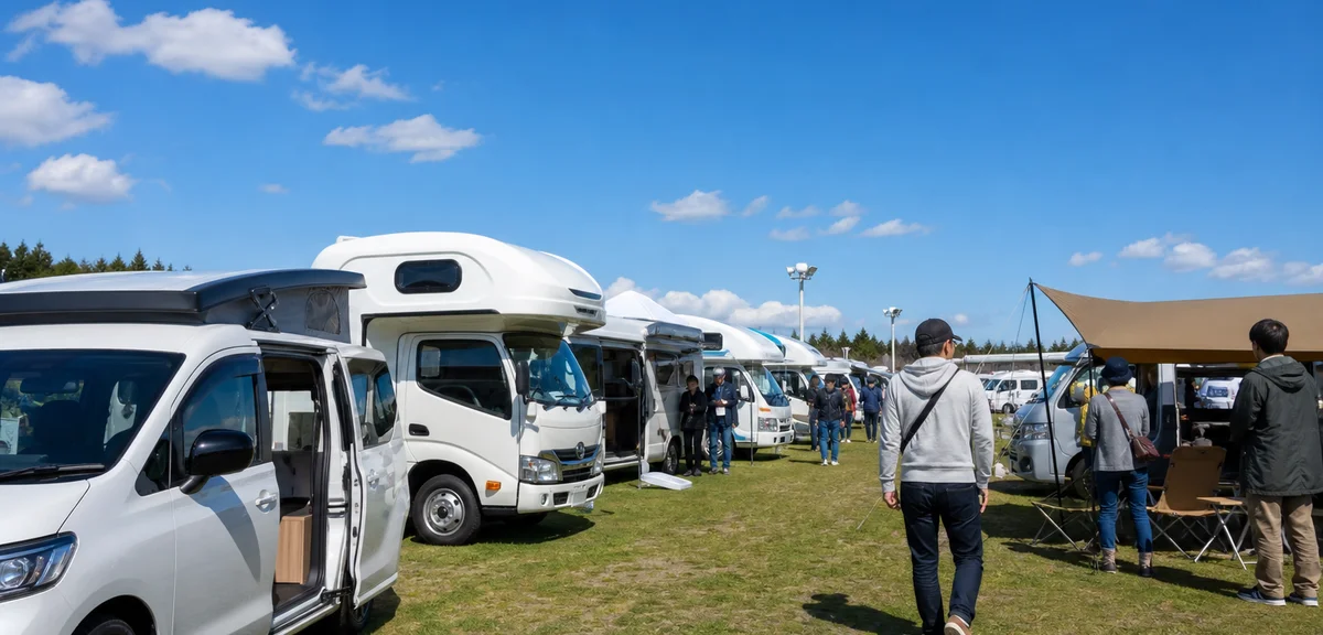 屋外の特設会場に並ぶバンコンやキャブコン、青空の下で車両を見て回る来場者、芝生とテント、写実的、文字なし