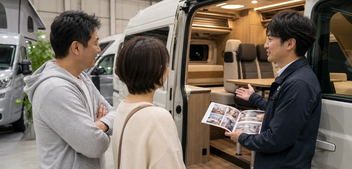 キャンピングカーの展示ブースで、スタッフがカタログを手に夫婦へ車内の装備を説明している様子、明るい屋内展示場、写実的、文字なし