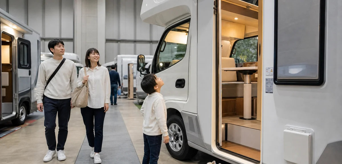 展示会場の通路を歩く親子連れ、子どもがキャンピングカーのバンクベッドを見上げている様子、脱いだ靴が車両の入口に並ぶ、写実的、文字なし