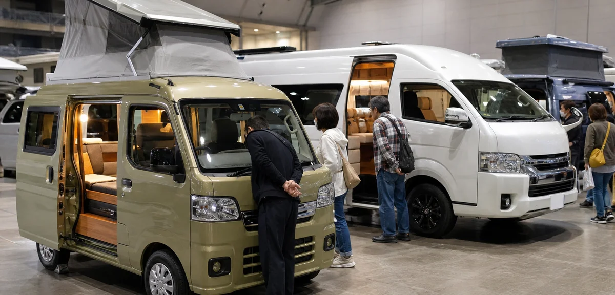 展示会場に並ぶ国産の軽キャンピングカーとハイエースベースのバンコン、車内をのぞき込む来場者、明るい屋内展示ホール、写実的、文字なし