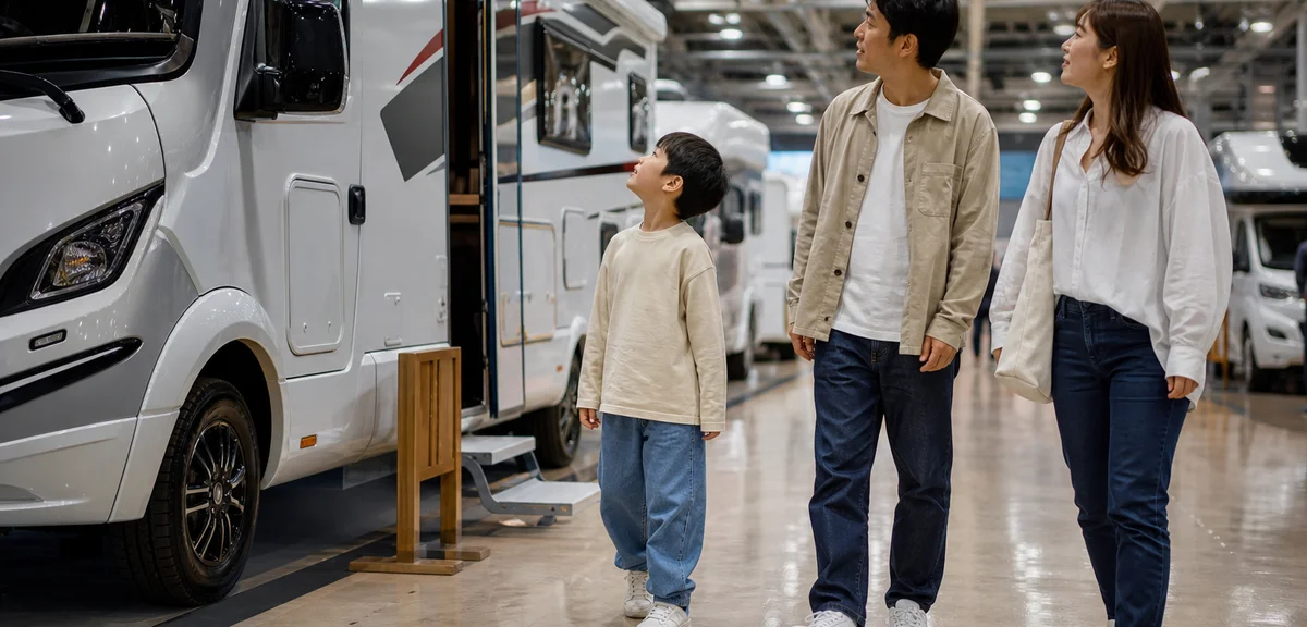 展示会場の通路を歩く親子連れ、背景に並ぶ大型キャンピングカー、子どもが車両を見上げている様子、明るい屋内、写実的、文字なし