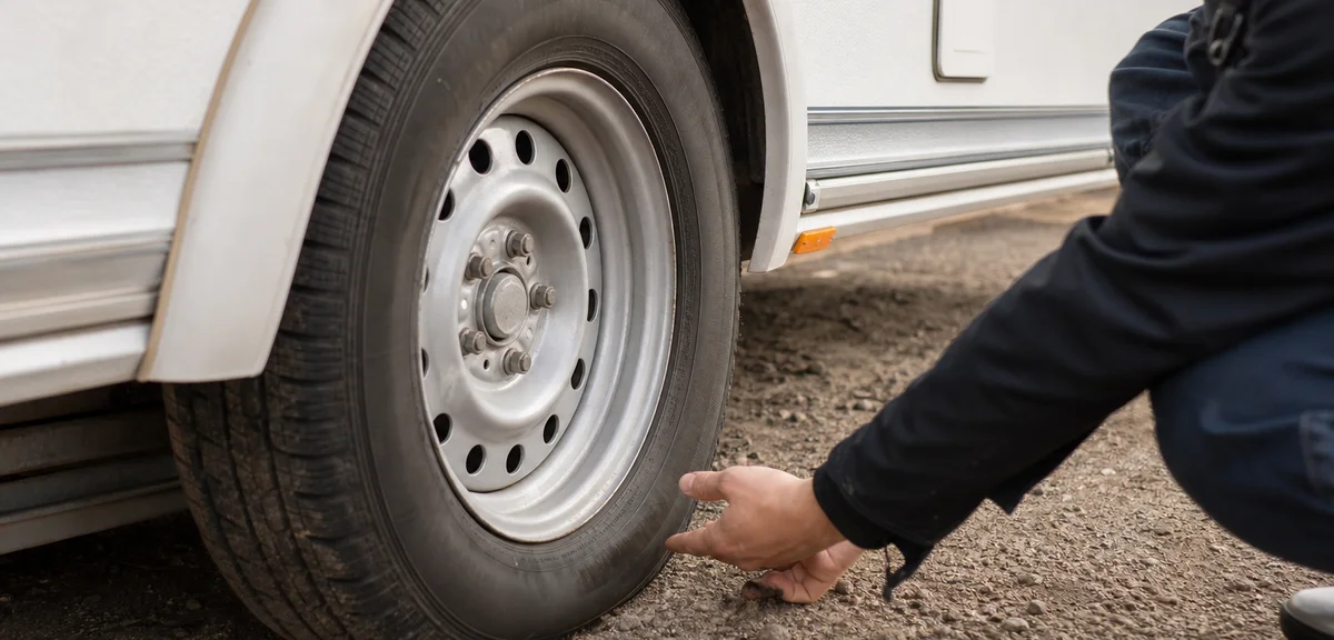 中古キャンピングトレーラーのタイヤと車輪まわりを点検する人の手元、製造年表示が見えるタイヤ側面、写実的、文字なし