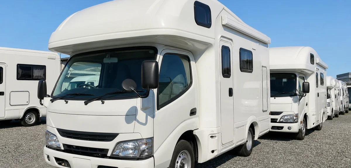 中古車販売店に並ぶ白いキャブコンタイプのキャンピングカー、運転席上に張り出したバンク部、晴れた日の展示場、写実的、文字なし