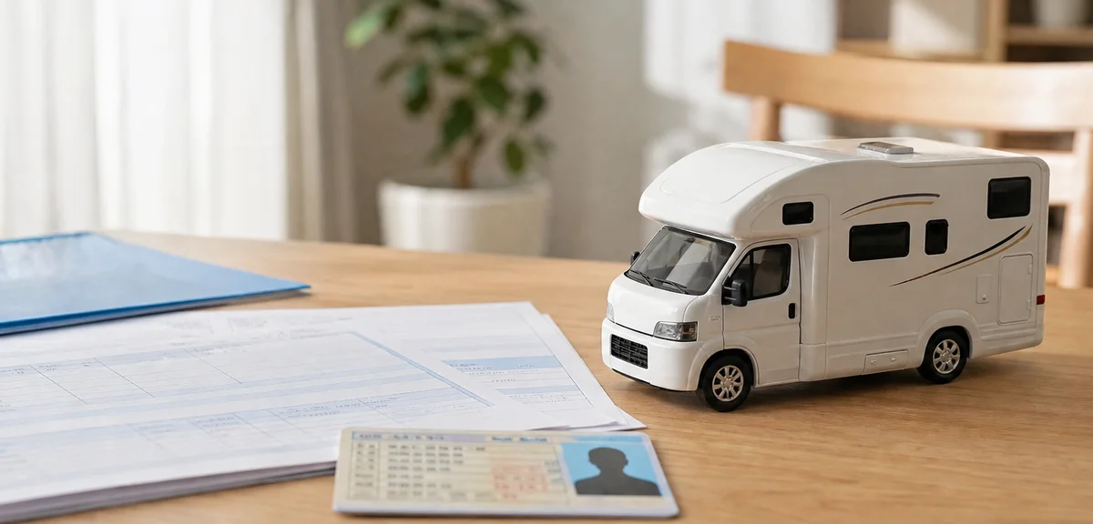 机の上に置かれた自動車の書類と運転免許証、キャンピングカーのミニチュア模型、明るい室内、写実的、文字なし