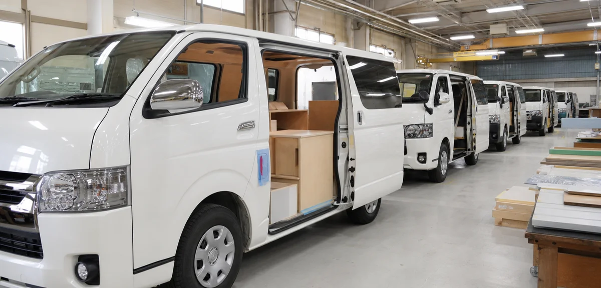 キャンピングカー架装工場の作業場に並ぶ白いハイエースバン、スライドドアが開いて家具の取り付け作業中、明るい照明、写実的、文字なし