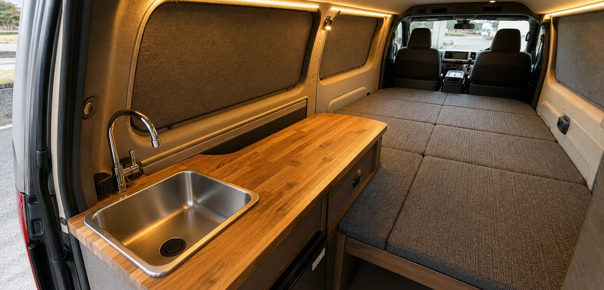ハイエースの車内に取り付けられた木製のカウンターベッドと小型シンク、温かい色のLED照明、断熱施工された壁、写実的、文字なし