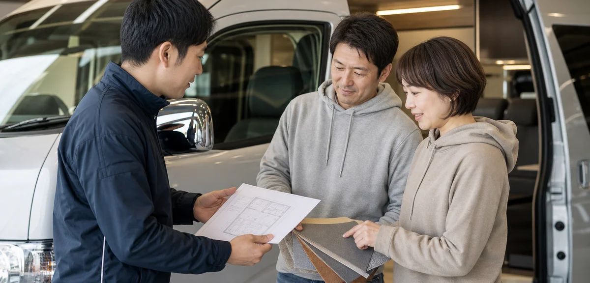 キャンピングカー専門店のスタッフとオーナー夫婦がハイエースの横で内装の打ち合わせをしている様子、図面と生地サンプル、写実的、文字なし