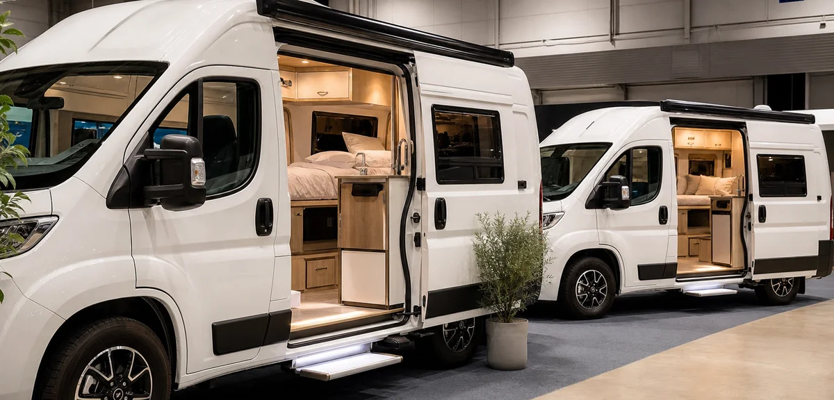 白い大型商用バンのキャンピングカー2台が並ぶ展示会場、スライドドアが開き車内のベッドとキッチンが見える、写実的、文字なし