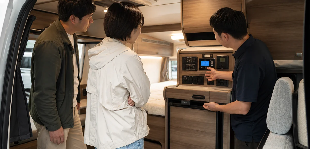 中古車販売店でキャラバンベースのキャンピングカーの車内をチェックする夫婦、スタッフが電装設備を説明している様子、写実的、文字なし