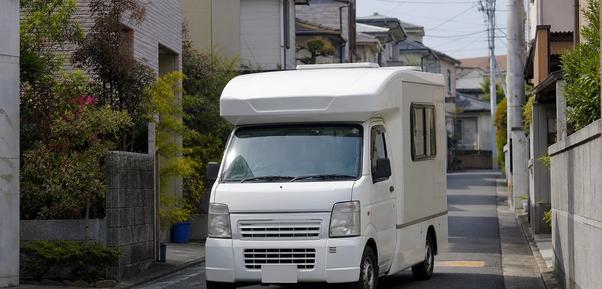 住宅街の狭い道を走る白いコンパクトな商用バンベースのキャンピングカー、日本の街並み、昼間、写実的、文字なし