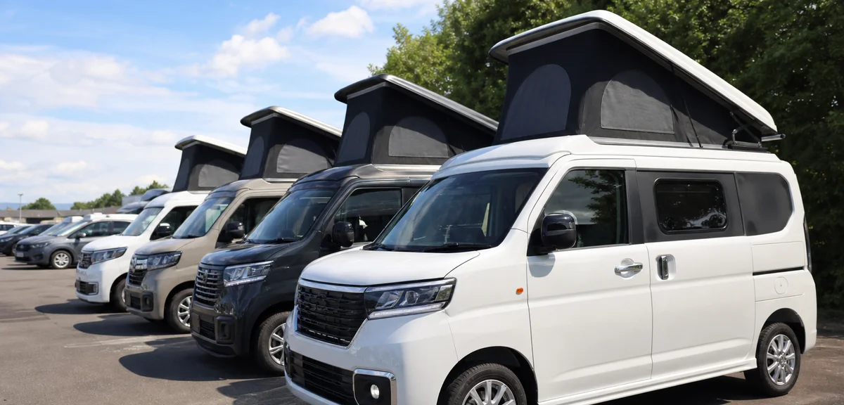 輸入車販売店の屋外展示場に並ぶポップアップルーフ付きのコンパクトなキャンピングバン、屋根を持ち上げた状態、晴れた日の午後、写実的、文字なし