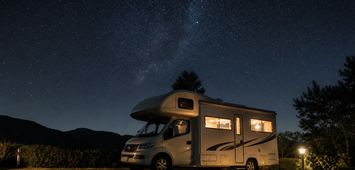 夜のオートキャンプ場に停めたキャンピングカー、室内の明かりと星空、静かな雰囲気、写実的、文字なし