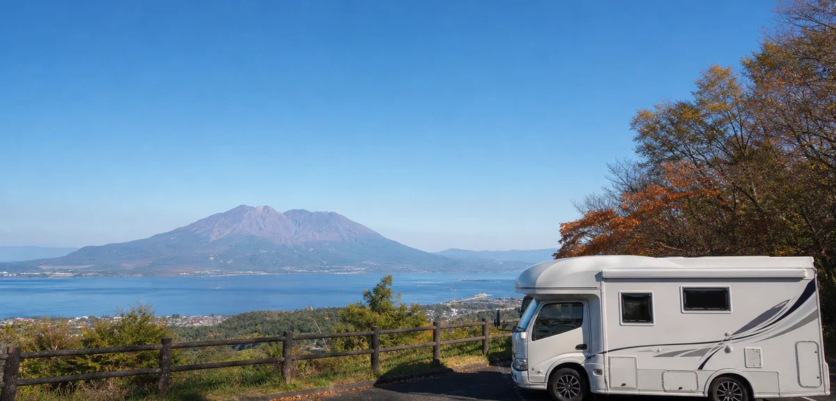 霧島の高台の駐車場に停まるキャンピングカー、眼下に広がる錦江湾と遠くの桜島、秋の晴れた日、写実的、文字なし