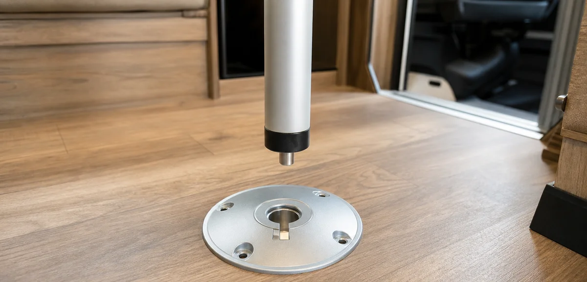 キャンピングカーの床に取り付けられた丸いアルミ製のテーブルベース金具と、差し込み式のテーブルポール、木目調の床、写実的、文字なし