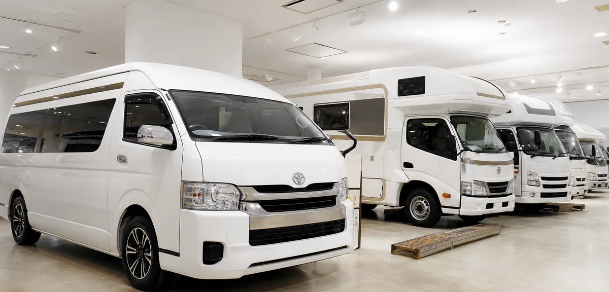 屋内展示場に並ぶ白いハイエースベースのキャンピングカーとキャブコン、明るい照明、人物なし、写実的、文字なし、ロゴなし
