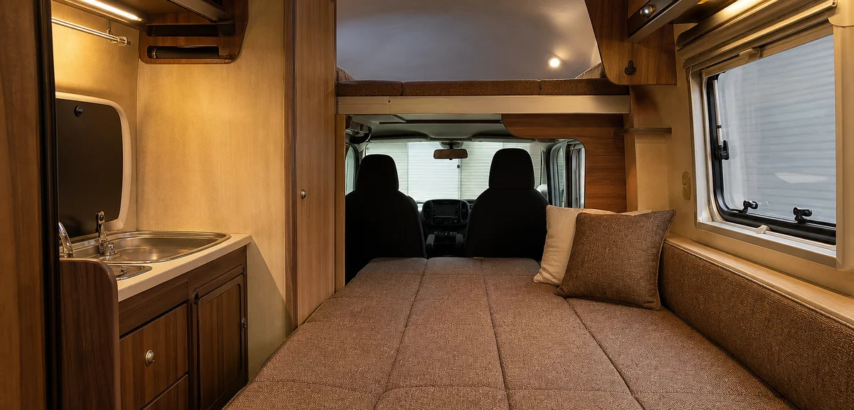 軽トラックベースの小型キャブコンの車内、ソファを展開したセミダブルサイズのベッドと頭上のバンクベッド、木目の収納と小さなシンク、柔らかい照明、写実的、文字なし