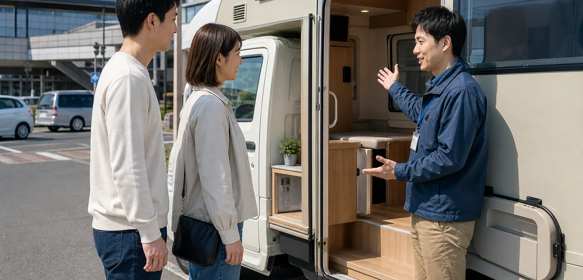 駅前の駐車場で軽トラックベースの小型キャンピングカーの前に立つスタッフが若い夫婦に車内設備を説明している様子、昼間、写実的、文字なし