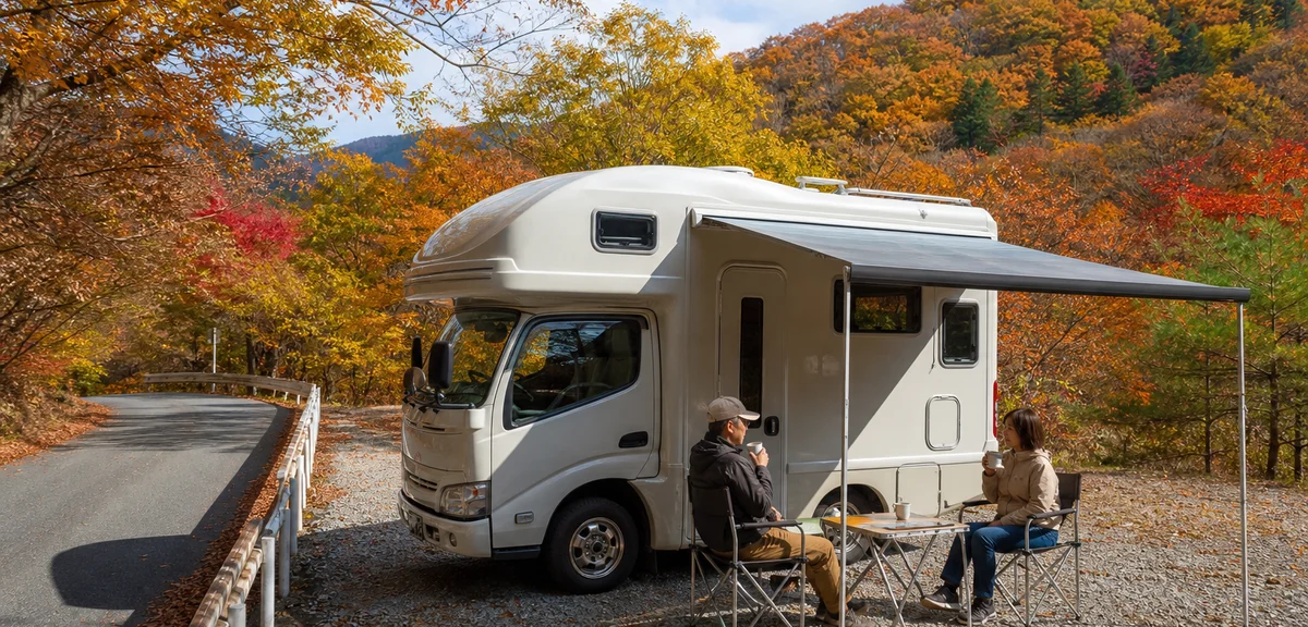 秋の山道の駐車スペースに停めた小型キャブコン、電動サイドオーニングを広げてテーブルとチェアを置き、二人がコーヒーを飲んでいる様子、紅葉、写実的、文字なし